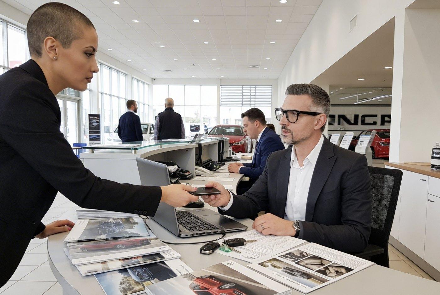 Vehicle owner handing keys to a dealership advisor after an appraisal